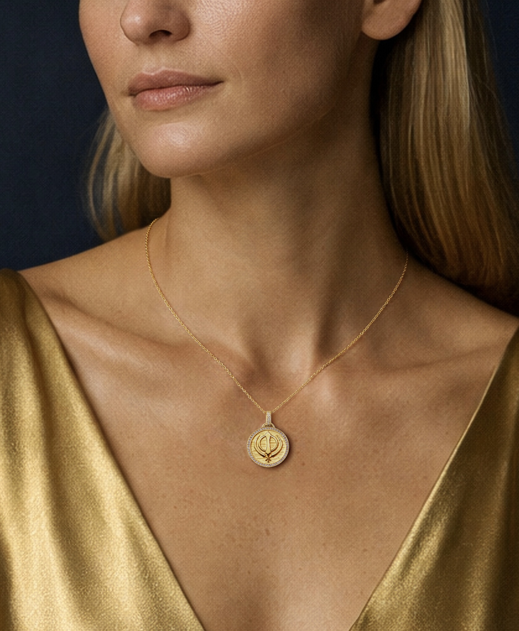 Woman wearing the Ajai Pendant with Khanda symbol